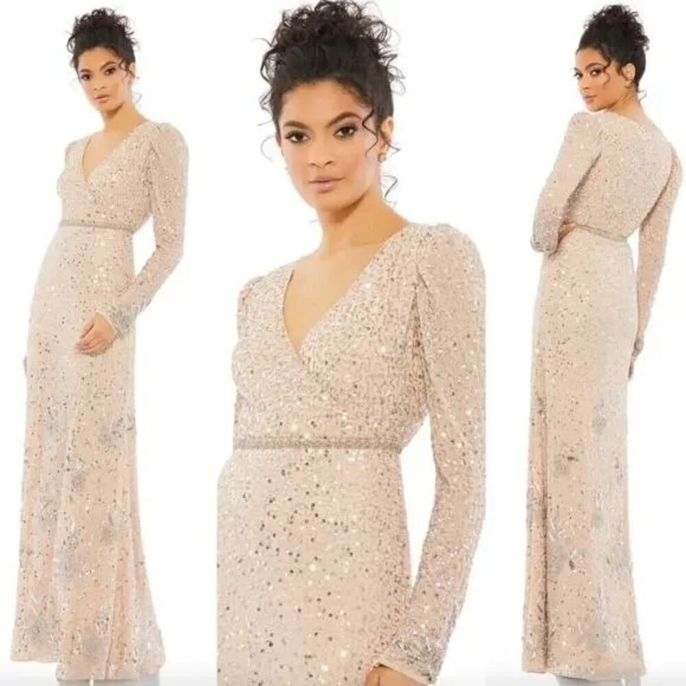 Mac Duggal 10769 Sequined Floral Embellished Long Sleeve Evening Gown Size 14